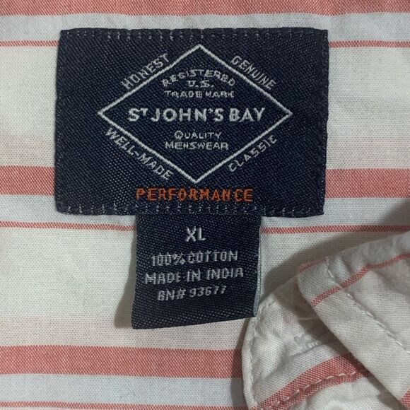 St. Johns Bay Men’s Shirt Size XL Orange White Striped Button Down Performance - Picture 2 of 6
